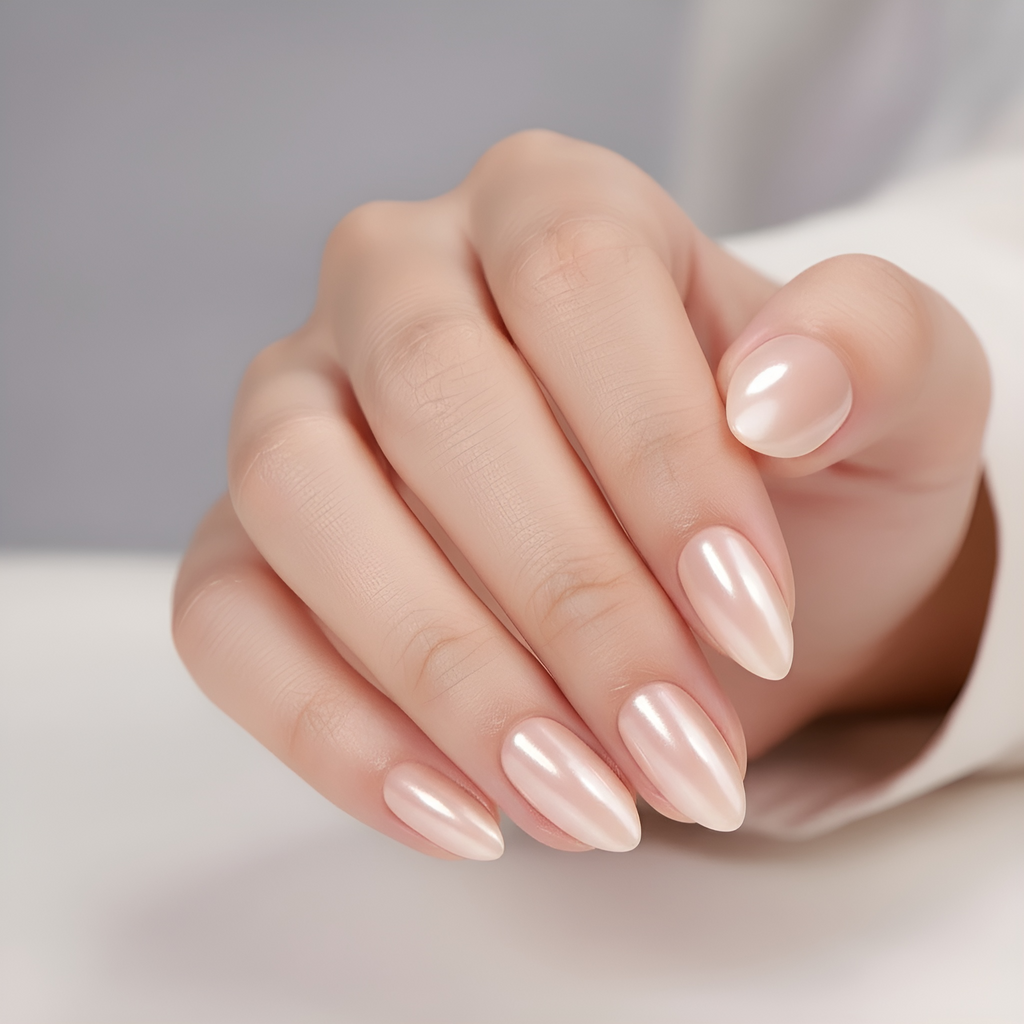 Hand with pink metallic nail polish on a neutral background