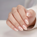 Hand with pink metallic nail polish on a neutral background
