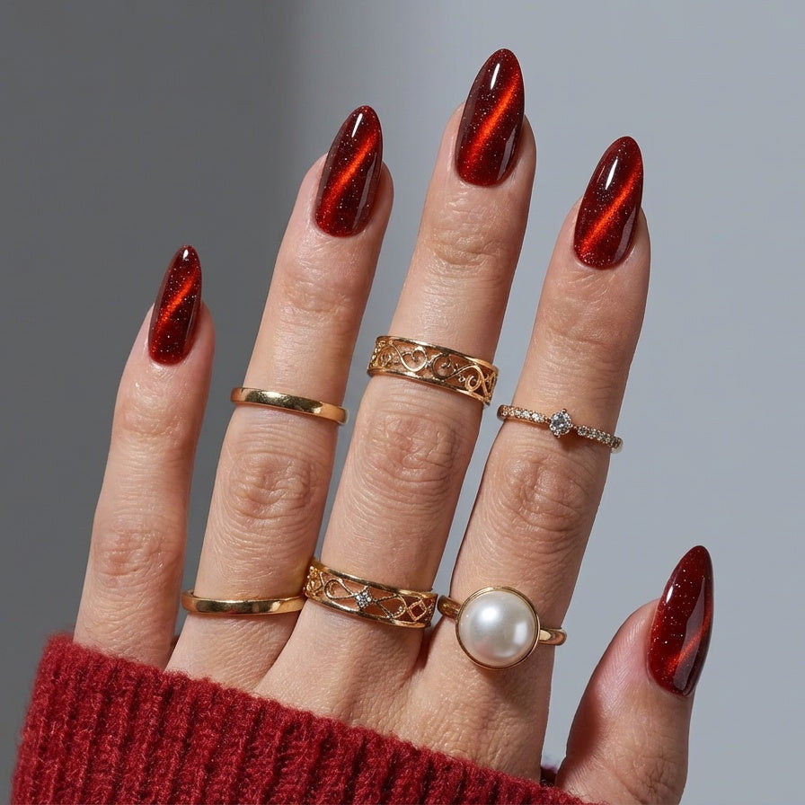 Ruby Velvet - Red Cat Eye - Gloss FX Full Press On Nail Kit | Middle Almond